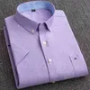 Verão 100% algodão Oxford Camisa Mens de Manga Curta Bolso Soft Confortável Confortável Fit Business Casual Roxo Vestido Camisas Homens G0105
