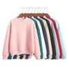 Kvinna sweatshirts söta koreanska o-neck stickade pullovers tjock höst vinter godis färg lösa hoodies solid kvinna kläder 211206