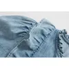 Withered High Street Cascading Ruffles Puff Sleeve Denim Blue Women BlusaS Mujer de Moda Shirt Womens Tops and Bluses T200502
