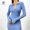 Singreiny Vrouwen Koreaanse Gebreide Jurk Lange Mouw V-hals Elastische Slanke Potlood Jurken Herfst Sexy Bodycon Split Sweater Jurk 211110