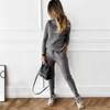 TYHRU Autumn Winter Women's tracksuit Solid Color Striped Turtleneck Sweater and Elastic Trousers Suits Knitted Two Piece Set 210714