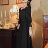 Yosimi mulheres negras vestido primavera uma linha assimétrica pescoço apto e flare puff manga elegante império aniversário para 210604