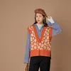 Spring Sweet Orange Sweater Flower Pattern Koean Style Vest V-Neck Knitting Top Sleeveless Jumper 210915