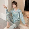 Pajamas Set Women's Silk V-neck Long-sleeved Summer and Autumn Ice Silk Ladies Home Service Suit Satin Nightwear Cartoon Pajamas 211007