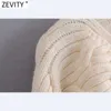 Zevity Женщины Vintage Cross V шеи поворот вязание крючком короткий вязальный свитер Femme CHIC подол поклон поклон случайные кардиганы топы S685 210812