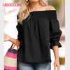 UGOCCAM Frauen Weg Schulter T-shirt Laterne Hülse Rüschen Sexy Sommer Weißes T-shirt Casual Plus Größe Top Frauen blusas de mujer 210310