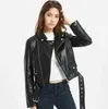 Ftlzz Autumn Women Pu Leather Jacket Woman Zipper Belt Kort kappa Kvinnlig svart punkbomber Faux Leather Outwear 220112