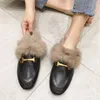 Real Fur Metal Buckle Mules Women Loafers Pregnant Shoes Female Furry Slides Fluffy Hairy Flip Flops