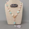 YYGEM Freshwater White Pearl Multi Color Morgonite Necklace Rose Quartz Pendant 28''