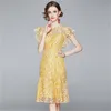 Högkvalitativ Sommar Kvinnor Lace Dress Floral Crochet O-Neck Kortärmad Retro Vintage Long 210603