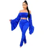 Women's Two Piece Pants Cutubly Ruched Set Sexy Slash Neck Suit Tracksuit Flare Sleeve Tops And Stacked Fitness Outfit Fashion