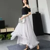 Shiny Chiffon Skirts Fashion Casual Women Elastic High Waist Maxi Skirts Female Boho A-line Pleated Ladies Party Long Skirt 210619