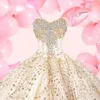 Glitter Champagne Gold Lace Scoop Pescoço Quinceanera Mis de lantejoulas Plus Size Prom Party Vestes Devedante Vestidos anos