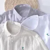 100% Pure Linen Long Sleeve Shirts for Men White T Letter Embroidery Casual Turn-down Collar Tops Clothing 210601