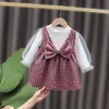 Bear Leader nato Baby Stile coreano Abiti eleganti Moda Ragazze Infantili Abiti scozzesi Manica lunga Bowknot Costumi principessa 210708