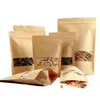 100pcs lot Brown Kraft Paper Bag Zipper Stand Up Food Pouches with Transparent Clear Window Reusable Bags for Food Tea Coffee