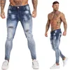 Mode Jeans Herr Elastisk midja Skinny 2021 Stretch Ripped Byxor Streetwear Denim Blå