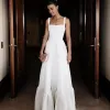 Witte bruidsmeisje jurken riemen banden thee lengte satijn op maat gemaakt een lijn plus size maid of honor jurk strand bruiloft vestido formele avondkleding