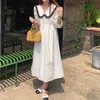 Vintage Loose Turn Down Collar Office Lady Streetwear Casual High Waist Retro Sommar Söt Långa Klänningar Vestidos 210525