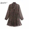 ZEVITY 여성 빈티지 꽃 프린트 캐주얼 주름 팬 시폰 미니 드레스 여성 긴 소매 활 묶여 Vestido Chic 브랜드 드레스 DS4530 210603