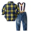 Baby Boy Pagliaccetto Set di vestiti per Baby Boy Gentleman Abbigliamento con fiocco Toddler Kid Body + bretella Jeans Infant Boy Abbigliamento G1023