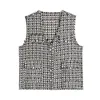 PERHAPS U Women White Black Plaid Vest Tweed V Neck Geometric Loose Button Highstreet Vintage C0176 210529