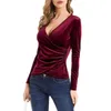 40 # mulheres blusa de veludo profundo v neck harajuku manga comprida original camisas transversal envoltório sexy fino ajuste tee top elegantes blusas h1230