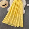 Sexy Hollow Out Spaghetti Strap Long Dress Summer Women Vintage High Waist Deep V-Neck Yellow/Pink/White Beach Robe 2021 New Y0603