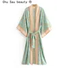 Распродажа, винтажное длинное кимоно-кардиган в стиле бохо с цветочным принтом, летние топы, пляжная одежда с поясом, Vestido Blusas Mujer 220122