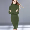 New Autumn Winter Green Elegant Warm Turtleneck Knitted Dresses Women Long Sleeve Office Sweater Dress Y1006