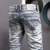 Włoski Styl Moda Mężczyźni Jeans Retro Szary Niebieski Elastyczne Slim Fit Ripped Patchwork Vintage Designer Casual Denim Spodnie