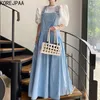 Korejpaa Women Dress Sets Korean Chic 100-neck Loose Bubble Sleeve Shirt with Retro Blue Large Swing Denim Suspender Skirt 210526