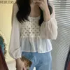 WERUERUYU Lace Blouse White Vintage Square Neck Top Women Clothes Puff Sleeve Long Sleeve Shirt S 210608