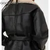 女性のファッション厚い冬のベルト粒穀物の革のジャケットコートビンテージ長袖の女性の上着シックなトップ210604