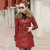 Autumn And Winter Women Genuine Racoon Dog Fur Collar Long Leather Jacket Fashion Slim Plus Cotton Motorcycle Trench