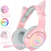 Casque stéréo de jeu K9 RGB casque rose oreille de chat amovible filaire USB avec réduction de bruit micro pour PS4/Xbox une jolie fille