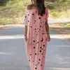 Günlük Elbiseler Ay Yıldız Baskılı Kadınlar Maxi Elbise Yaz O-Boyun Kısa Kollu Gevşek Uzun Artı Boyutu Giysileri Vestidos