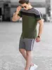 2021 Summer Men's High Street Fashion Trend Plaid Stitching Suit Slim Short-Sleeved T-Shirt + Shorts 2-Piece Set