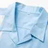 Chemisier Hommes Casual Robe Boutonnée Bleu Blanc Chemise À Rayures Verticales Chemises À Manches Courtes Pour HommesCamiseta Retro Hombre Bowling 210527
