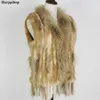 Harppihop womens natural real rabbit fur vest with raccoon fur collar waistcoat/jackets rex rabbit knitted winte 210927