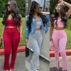 Sexy Women Set Off Shoulder Stacked Pants Joggers Crop Top + Long Pants Sportwear Tracksuits Suit Outfits Y0625