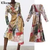 Klkxmyt patchwork floral longo za vestido mulheres primavera manga vintage envoltório midi mulher fashion cinto elegante es 210527