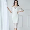 Koronkowa sukienka dla kobiet Korea Letnia załoga Neck Hollow Out Damskie Seksowne Biuro Bodycon Sukienki 210602