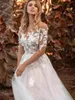 Bohemian Boho Sleeves Bröllopsklänning Elfenben Blush Light 3D Lace Flower Tulle Kjol Half Sleeve Broderade Illusion Bridal Gowns 2022 Vestido de Novia Robe Mariee