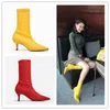 2021 Spring New Sock Boots for Women High Heel Boots Stretch Fabric Ankle Boots Shoes Sexy Square Heels Women Plus Size