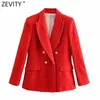 Zevity Women England Style Double Breasted Texture Tweed Woolen Blazer Coat Office Långärmad Röda Kassetter Chic Tops CT696 210603