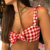 Leemiijuu Yay-Düğüm Ekose Bikini Brezilyalı Seksi Bikini Seti Push Up Biquini Yüzme Suit Halter Mayo Kadınlar Mayo Bathers 210621