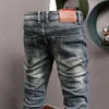 European Vintage Fashion Men Jeans Retro Dark Blue Elastic Slim Ripped Embroidery Patched Designer Casual Denim Pants 7ATS