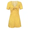 Mode kvinnor kortärmad wrap boho blommig mini klänning damer sommar semester fest sundress kvinnlig vestidos y0823