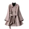 Wool Coat Women High Street Turn-down Collar 3 Colors Female Winter Outwear Cashmere Coats with Sashes 210625